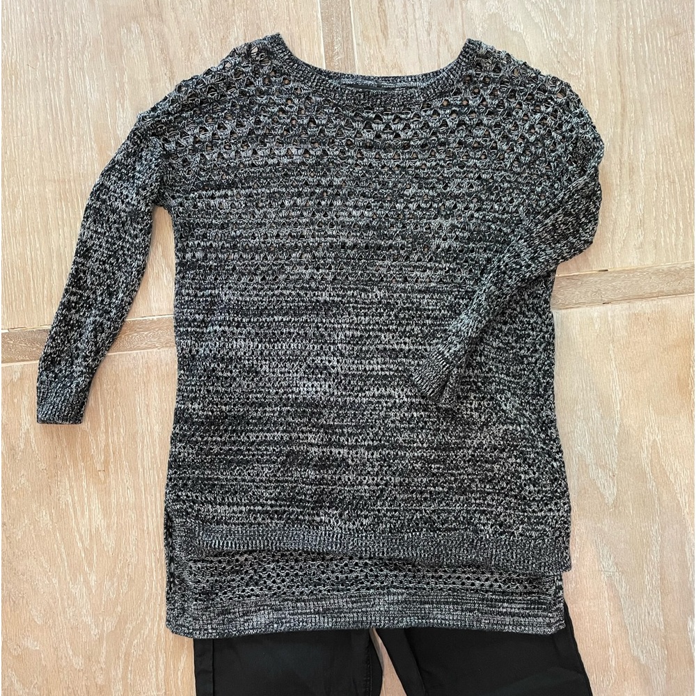Black and white open knit long sweater.